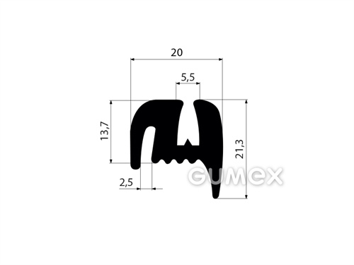 Pryžový profil do oken dopravních prostředků bez klínku, 21,3x20/5,5/2,5mm, 70°ShA, EPDM, -40°C/+100°C, černý